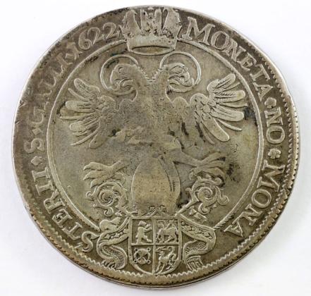 Münze: 1-Taler-Stück der Abtei St. Gallen, geprägt in St. Gallen zur Zeit von Abt Bernhard Müller von Ochsenhausen (1594–1630), aus der ehemaligen Sammlung von Josef Sager (1905–1964)
