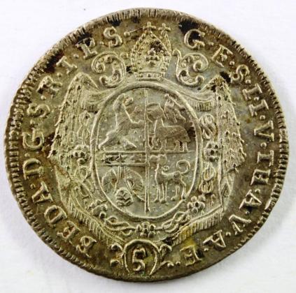 Münze: 5-Kreuzer-Stück der Abtei St. Gallen, geprägt in St. Gallen zur Zeit von Fürstabt Beda Angehrn von Hagenwil (1767–1796), aus der ehemaligen Sammlung von Josef Sager (1905–1964)