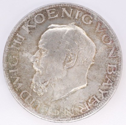 Münze: 5-Mark-Stück des Königreichs Bayern, geprägt in München zur Zeit von König Ludwig III. (1913–1918), aus dem Nachlass von Karl Asmund Kappeler (1844–1924), Kaufmann in Kolumbien
