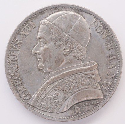 Münze: Scudo des Kirchenstaats (Vatikan), geprägt in Rom zur Zeit von Papst Gregor XVI. (1831–1846), aus der Sammlung von Maria Walenta (1876–1961)