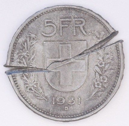 Münze: Fälschung eines 5-Franken-Stücks der Schweizerischen Eidgenossenschaft, vermeintlich geprägt in Bern, aus der Sammlung von Josef Sager (1905–1964)