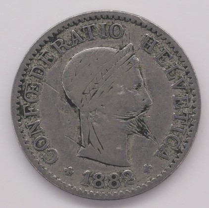 Münze: 5-Rappen-Stück der Schweizerischen Eidgenossenschaft, mit umgearbeitetem Münzbild auf der Vorderseite, geprägt in Bern, aus der Sammlung von Josef Sager (1905–1964)