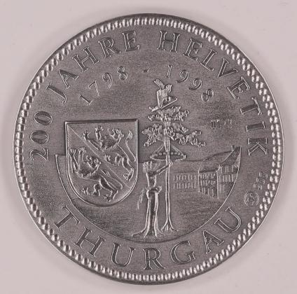 Medaille: Erinnerung auf das 200-jährige Jubiläum der Helvetischen Republik sowie auf das 150-jährige Jubiläum des Schweizerischen Bundesstaats, geprägt in Freiburg im Breisgau