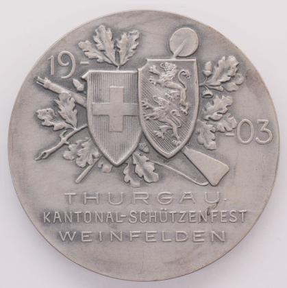 Medaille: Andenken an das Thurgauische Kantonalschützenfest 1903 in Weinfelden und das 100-jährige Jubliläum des souveränen Kantons Thurgau, geprägt in Saint-Imier, aus der ehemaligen Sammlung von Josef Sager (1905–1964)