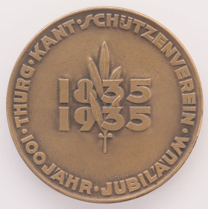 Medaille: Medaille auf das Thurgauische Kantonalschützenfest 1935 in Frauenfeld sowie auf das 100-jährige Jubiläum des Thurgauer Kantonalschützenverbands, geprägt in Le Locle 