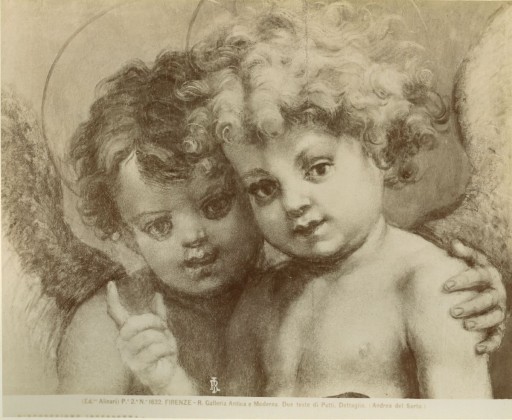 Fotografie: Tafelbild «Zwei Putten mit Schriftrollen» von Andrea del Sarto (1486–1530), aus der Fotografie-Sammlung der Familie Bachmann, Besitzerin von Schloss Frauenfeld