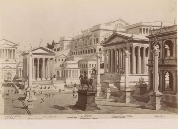Fotografie: Zeichnung einer Rekonstruktion antiker Bauten auf dem Forum Romanum in Rom, aus der Fotografie-Sammlung der Familie Bachmann, Besitzerin von Schloss Frauenfeld