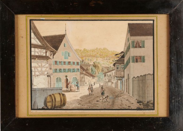 Malerei: Strassenszene und Küfer bei der Arbeit im Weindorf Berlingen, links das «Grüne Haus» von Amtsrichter und Weinhändler Christian Kern-Böhni (1772–1826), mit zwei Rundbogenportalen, den Eingängen zur Kellerei