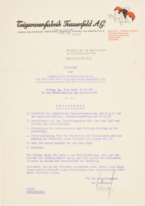 Einladung zur Generalversammlung der Aktionäre der Teigwarenfabrik Frauenfeld A.G., adressiert an Fräulein Dr. H. Rutishauser, La Neuchâteloise-Vie, Neuchâtel
