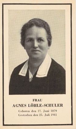 Todesanzeige von Agnes Löhle-Schuler (1879–1941), Totenzettel (Leidhelgeli) mit Stossgebet zum Erlass der Sündenstrafen (Ablass) der Verstorbenen