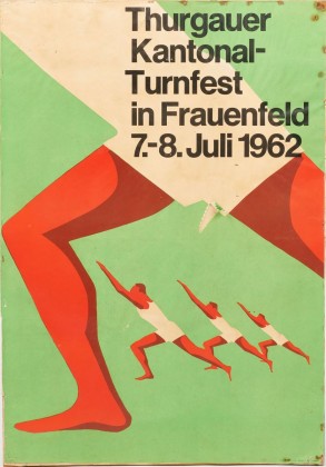 Plakat des kantonalen Turnfestes in Frauenfeld 1962, mit der Darstellung von Männern bei der Gymnastik-Vorführung