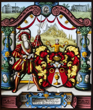 Glasmalerei: Wappenscheibe der Eheleute Konrad Ringold und Genoveva Baumberger, im Stil des Historismus