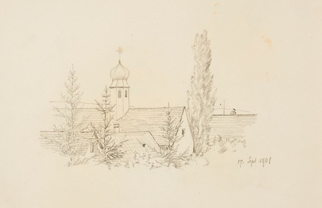 Grafik: Blick auf Dach und Kirchturm des Kapuzinerklosters in Frauenfeld (Vorderseite) und Hofseite eines Riegelhauses mit Schuppenanbau (Rückseite)