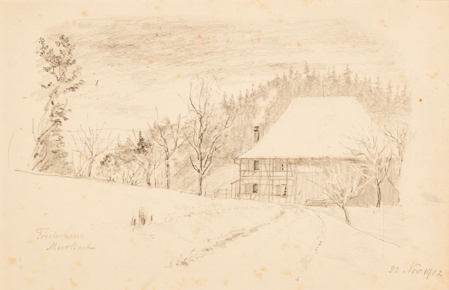 Grafik: Winterlandschaft mit dem Försterhaus «Murkart» in Frauenfeld