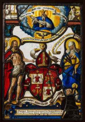 Glasmalerei: Wappenscheibe des Peter Schmid, Abt im Zisterzienserkloster Wettingen (1594–1633), mit der Darstellung der Interzession (Fürbitte) von Maria und Jesus Christus vor Gottvater