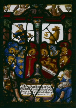 Glasmalerei: Scheibe mit den Allianzwappen der Susanna Kilchsperger (Kilchberger) und des Hans (Johannes) Bertschinger, Landvogt im Thurgau (1616–1618), Zunft- und Spitalmeister in Zürich, aus der Glasgemäldesammlung der Familie Bachmann, Besitzerin von Schloss Frauenfeld