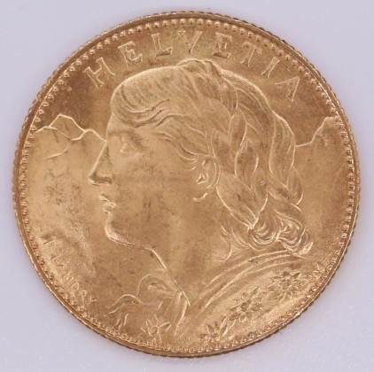 Münze: «Goldvreneli» im Wert von 10 Franken der Schweizerischen Eidgenossenschaft, geprägt in Bern, aus dem Nachlass von Karl Asmund Kappeler (1844–1924), Kaufmann in Kolumbien