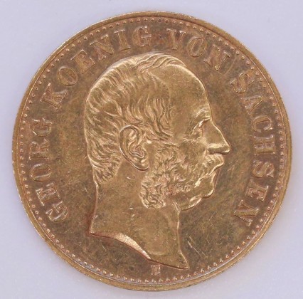 Münze: 10-Mark-Stück des Königreichs Sachsen, geprägt in Muldenhütten (heute Freiberg) zur Zeit von König Georg (1902–1904), aus dem Nachlass von Karl Asmund Kappeler (1844–1924), Kaufmann in Kolumbien