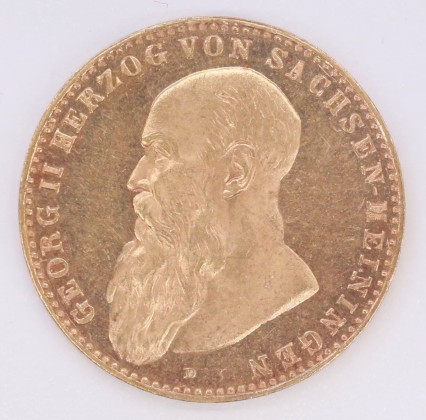 Münze: 10-Mark-Stück des Herzogtums Sachsen-Meiningen, geprägt in München zur Zeit von Herzog Georg II. (1866–1914), aus dem Nachlass von Karl Asmund Kappeler (1844–1924), Kaufmann in Kolumbien