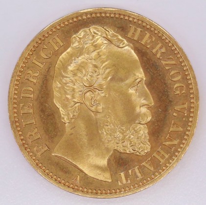Münze: 20-Mark-Stück des Herzogtums Anhalt, geprägt in Berlin zur Zeit von Herzog Friedrich I. (1871–1904), aus dem Nachlass von Karl Asmund Kappeler (1844–1924), Kaufmann in Kolumbien