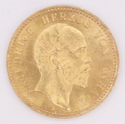 Münze: 10-Mark-Stück des Herzogtums Anhalt, geprägt in Berlin zur Zeit von Herzog Friedrich I. (1871–1904), aus dem Nachlass von Karl Asmund Kappeler (1844–1924), Kaufmann in Kolumbien