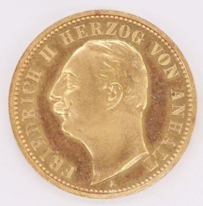 Münze: 20-Mark-Stück des Herzogtums Anhalt, geprägt in Berlin zur Zeit von Friedrich II. (1904–1918), aus dem Nachlass von Karl Asmund Kappeler (1844–1924), Kaufmann in Kolumbien