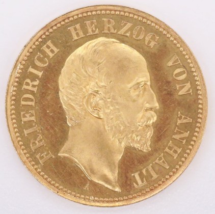 Münze: 20-Mark-Stück des Herzogtums Anhalt, geprägt in Berlin zur Zeit von Herzog Friedrich I. (1871–1904), aus dem Nachlass von Karl Asmund Kappeler (1844–1924), Kaufmann in Kolumbien