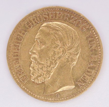 Münze: 10-Mark-Stück des Grossherzogtums Baden, geprägt in Karlsruhe zur Zeit von Grossherzog Friedrich I. (1856–1907), aus dem Nachlass von Karl Asmund Kappeler (1844–1924), Kaufmann in Kolumbien