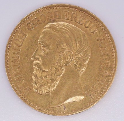 Münze: 10-Mark-Stück des Grossherzogtums Baden, geprägt in Karlsruhe zur Zeit von Grossherzog Friedrich I. (1856–1907), aus dem Nachlass von Karl Asmund Kappeler (1844–1924), Kaufmann in Kolumbien