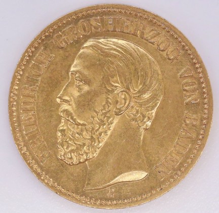 Münze: 20-Mark-Stück des Grossherzogtums Baden, geprägt in Karlsruhe zur Zeit von Grossherzog Friedrich I. (1856–1907), aus dem Nachlass von Karl Asmund Kappeler (1844–1924), Kaufmann in Kolumbien