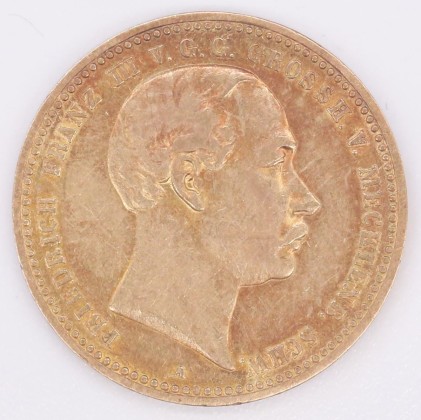 Münze: 10-Mark-Stück des Grossherzogtums Mecklenburg-Schwerin, geprägt in Berlin zur Zeit von Grossherzog Friedrich Franz III. (1883–1897), aus dem Nachlass von Karl Asmund Kappeler (1844–1924), Kaufmann in Kolumbien