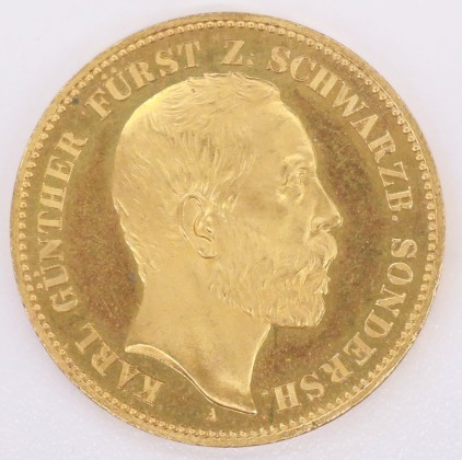 Münze: 20-Mark-Stück des Fürstentums Schwarzburg-Sondershausen, geprägt in Berlin zur Zeit von Fürst Karl Günther (1880–1909), aus dem Nachlass von Karl Asmund Kappeler (1844–1924), Kaufmann in Kolumbien