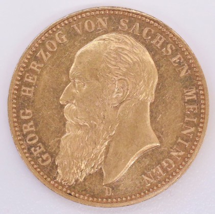 Münze: 20-Mark-Stück des Herzogtums Sachsen-Meiningen, geprägt in München zur Zeit von Herzog Georg II. (1866–1914), aus dem Nachlass von Karl Asmund Kappeler (1844–1924), Kaufmann in Kolumbien