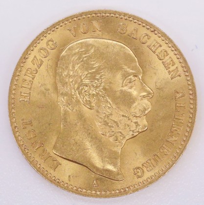 Münze: 20-Mark-Stück des Herzogtums Sachsen-Altenburg, geprägt in Berlin zur Zeit von Herzog Ernst I. (1853–1908), aus dem Nachlass von Karl Asmund Kappeler (1844–1924), Kaufmann in Kolumbien