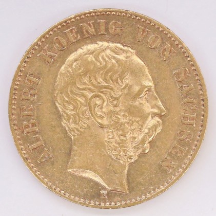 Münze: 20-Mark-Stück des Königreichs Sachsen, geprägt in Muldenhütten (heute Freiberg) zur Zeit von König Albert (1873–1902), aus dem Nachlass von Karl Asmund Kappeler (1844–1924), Kaufmann in Kolumbien