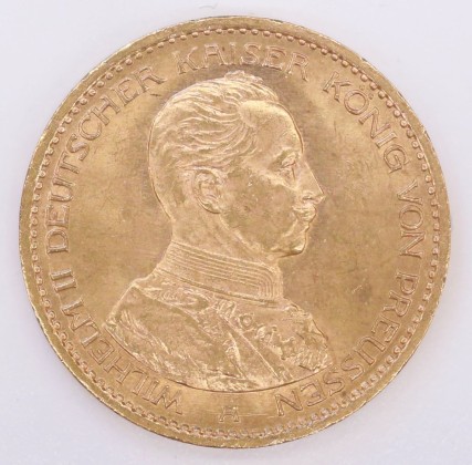 Münze: 20-Mark-Stück des Königreichs Preussen, geprägt in Berlin zur Zeit des deutschen Kaisers und Königs von Preussen Wilhelm II. (1888–1918), aus dem Nachlass von Karl Asmund Kappeler (1844–1924), Kaufmann in Kolumbien
