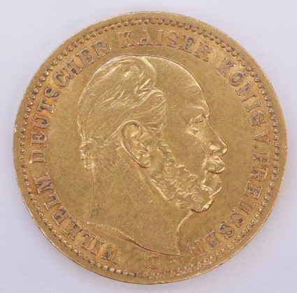 Münze: 20-Mark-Stück des Königreichs Preussen, geprägt in Frankfurt am Main zur Zeit des deutschen Kaisers und Königs von Preussen Wilhelm I. (1861–1888), aus dem Nachlass von Karl Asmund Kappeler (1844–1924), Kaufmann in Kolumbien