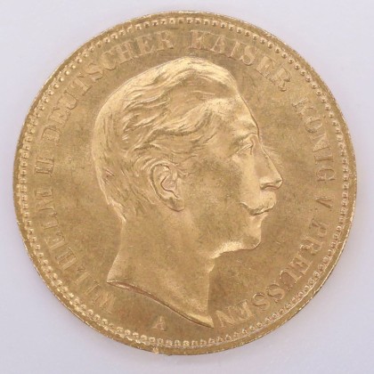 Münze: 20-Mark-Stück des Königreichs Preussen, geprägt in Berlin zur Zeit des deutschen Kaisers und Königs von Preussen Wilhelm II. (1888–1918), aus dem Nachlass von Karl Asmund Kappeler (1844–1924), Kaufmann in Kolumbien
