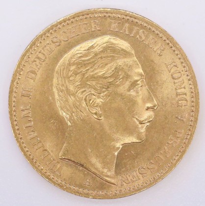 Münze: 20-Mark-Stück des Königreichs Preussen, geprägt in Berlin zur Zeit des deutschen Kaisers und Königs von Preussen Wilhelm II. (1888–1918), aus dem Nachlass von Karl Asmund Kappeler (1844–1924), Kaufmann in Kolumbien