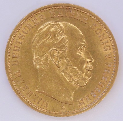 Münze: 20-Mark-Stück des Königreichs Preussen, geprägt in Berlin zur Zeit des deutschen Kaisers und Königs von Preussen Wilhelm I. (1861–1888), aus dem Nachlass von Karl Asmund Kappeler (1844–1924), Kaufmann in Kolumbien