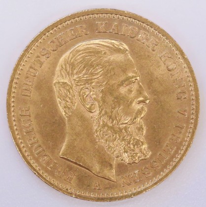 Münze: 20-Mark-Stück des Königreichs Preussen, geprägt in Berlin zur Zeit des deutschen Kaisers und Königs von Preussen Friedrich III. (1888), 20 Mark, Berlin, aus dem Nachlass von Karl Asmund Kappeler (1844–1924), Kaufmann in Kolumbien
