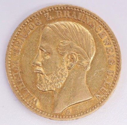 Münze: 20-Mark-Stück des Herzogtums Braunschweig-Lüneburg, geprägt in Berlin zur Zeit von Herzog Wilhelm (1831–1884), aus dem Nachlass von Karl Asmund Kappeler (1844–1924), Kaufmann in Kolumbien