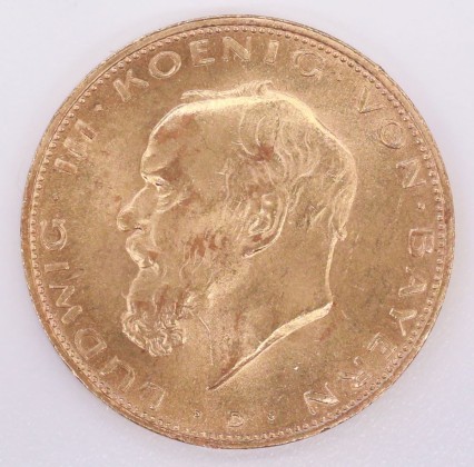 Münze: 20-Mark-Stück des Königreichs Bayern, geprägt in München zur Zeit von König Ludwig III. (1913–1918), aus dem Nachlass von Karl Asmund Kappeler (1844–1924), Kaufmann in Kolumbien