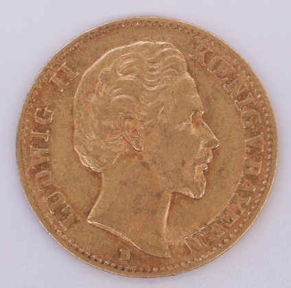 Münze: 10-Mark-Stück des Königreichs Bayern, geprägt in München zur Zeit von König Ludwig II. (1864–1886), aus dem Nachlass von Karl Asmund Kappeler (1844–1924), Kaufmann in Kolumbien