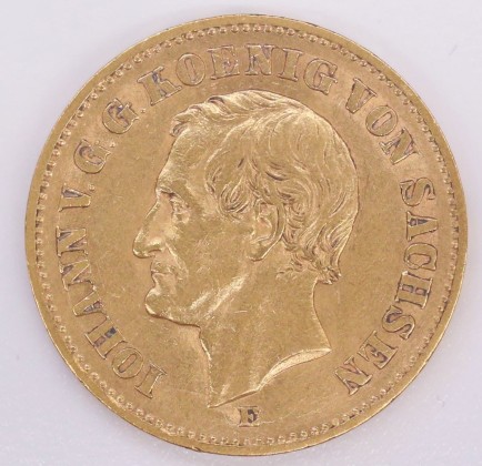 Münze: 20-Mark-Stück des Königreichs Sachsen, geprägt in Dresden zur Zeit von König Johann (1854–1873), aus dem Nachlass von Karl Asmund Kappeler (1844–1924), Kaufmann in Kolumbien