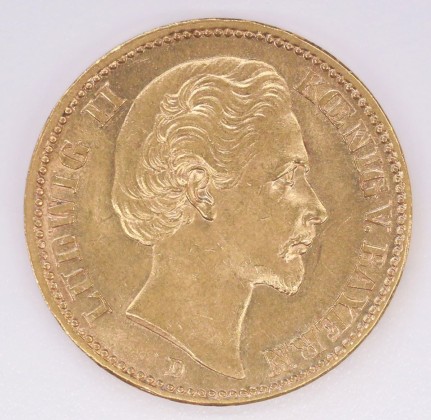 Münze: 20-Mark-Stück des Königreichs Bayern, geprägt in München zur Zeit von König Ludwig II. (1864–1886), aus dem Nachlass von Karl Asmund Kappeler (1844–1924), Kaufmann in Kolumbien
