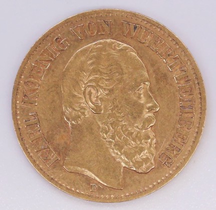 Münze: 10-Mark-Stück des Königreichs Württemberg, geprägt in Stuttgart zur Zeit von König Karl I. (1864–1891), aus dem Nachlass von Karl Asmund Kappeler (1844–1924), Kaufmann in Kolumbien