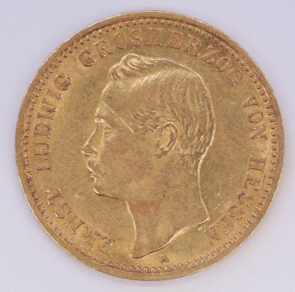 Münze: 10-Mark-Stück des Grossherzogtums Hessen-Darmstadt, geprägt in Berlin zur Zeit von Grossherzog Ernst Ludwig (1892–1918), aus dem Nachlass von Karl Asmund Kappeler (1844–1924), Kaufmann in Kolumbien