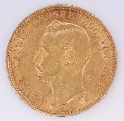Münze: 20-Mark-Stück des Grossherzogtums Hessen-Darmstadt, geprägt in Berlin zur Zeit von Grossherzog Ernst Ludwig (1892–1918), aus dem Nachlass von Karl Asmund Kappeler (1844–1924), Kaufmann in Kolumbien