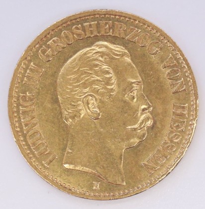 Münze: 10-Mark-Stück des Grossherzogtums Hessen-Darmstadt, geprägt in Darmstadt zur Zeit von Grossherzog Ludwig III. (1848–1877), aus dem Nachlass von Karl Asmund Kappeler (1844–1924), Kaufmann in Kolumbien